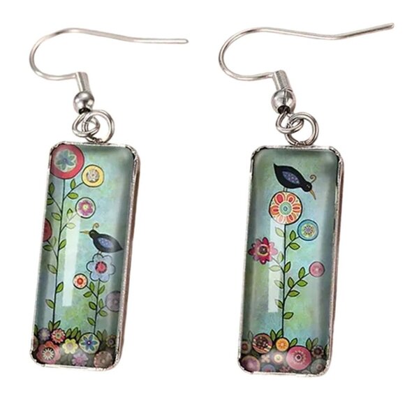 Rectangular Bird & Floral Dangle Earrings Cute! Silver Tone - Picture 1 of 2